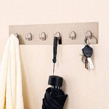 SOLDTRUE Metal Magic Sticker Series Self Adhesive - 6 Hook Rail Bar for Kitchen and Bathroom Wall to Hang Clothes, Towel, Keys, Purses and Coats1 Pair - Image 1