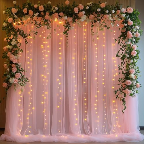 Patioman 10x10ft Pink Tulle Backdrop Curtain with String Lights, Wrinkle-Free Sheer Wedding Backdrop for Birthday Parties, Baby Showers, Bridal Showers, Photo Shoots and Home Decorations, Pink - Image 1
