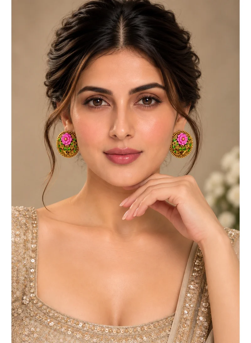 Lehar Pink Flower Meenakari Round Studs - Antique Gold Indian Jewelry