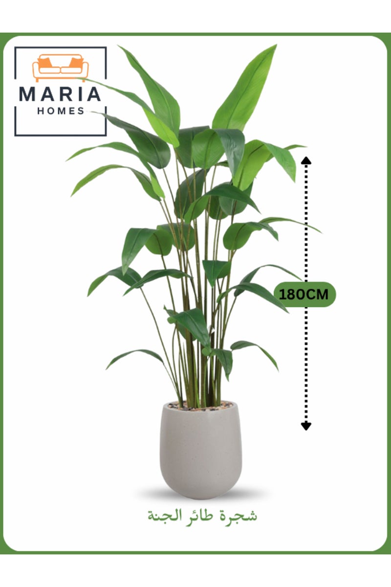 ماريا شجرة طائر الجنة الاصطناعية، ارتفاعها 180 سم، نبات داخلي طويل في وعاء بيج رمادي - Image 1