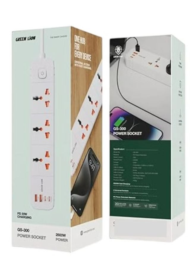 جرين ليون وصلة طاقة GS-300 من Green Lion بقوة 2500 واط - 3 مقابس عالمية، منفذا USB-A ومنفذا USB-C - كابل بطول 2 متر – أبيض - Image 2
