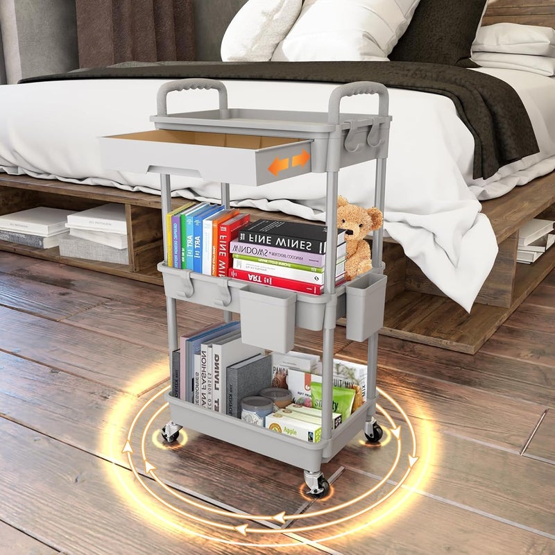 REBECAT 3 Tier Rolling Utility Cart with Drawer, Utility Cart Made of Multifunctional Storage Organizer Tool for Kitchen,Bathroom,Living Room,Office(Gray) - Image 3