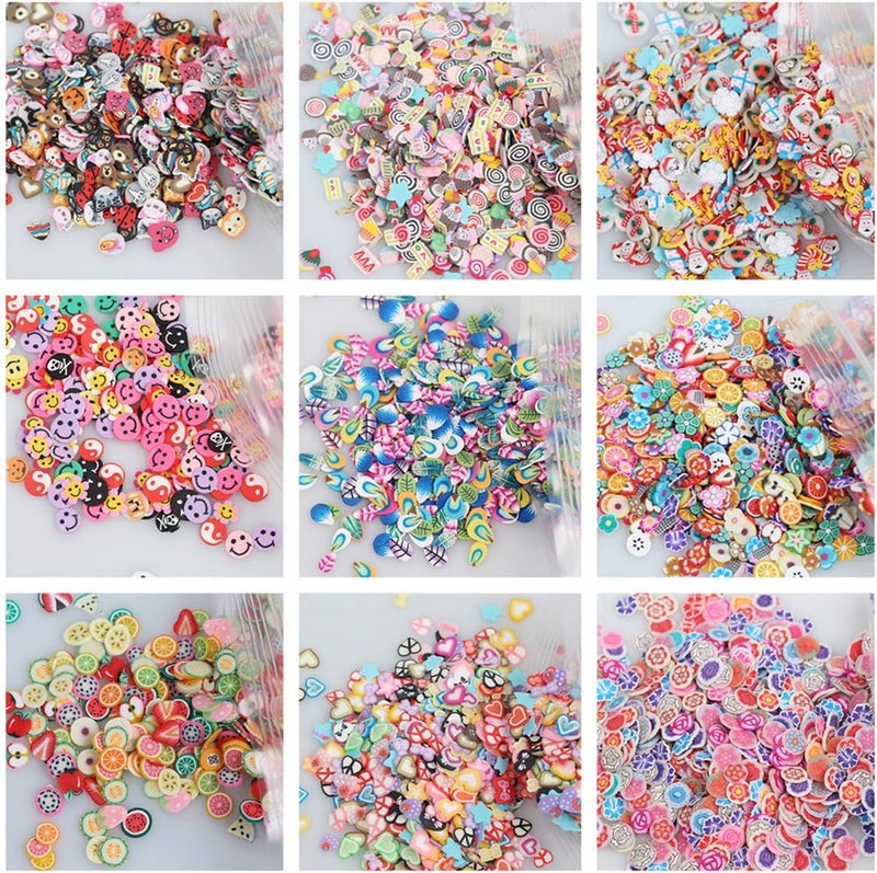Mezerdoo 9 Packs Polymer Clay 3D Stickers Tiny Cute Nails Art Accessories 9000Pcs Christmas/Star/Heart/Flower/Fruit/Feather Polymer Clay Slices Slicing Nail Decorations - Image 1