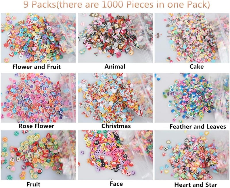 Mezerdoo 9 Packs Polymer Clay 3D Stickers Tiny Cute Nails Art Accessories 9000Pcs Christmas/Star/Heart/Flower/Fruit/Feather Polymer Clay Slices Slicing Nail Decorations - Image 2