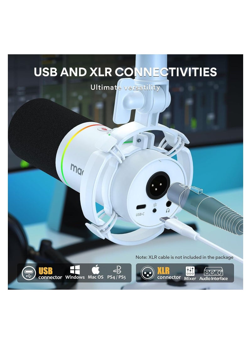Maono - PD200X XLR/USB Dynamic Microphone, RGB Gaming Mic with Software for Streaming, Podcast, Recording, Voice-Over, Metal Microphone with Mute, Headphone Jack, Gain Knob & Volume Control (White) - Image 1