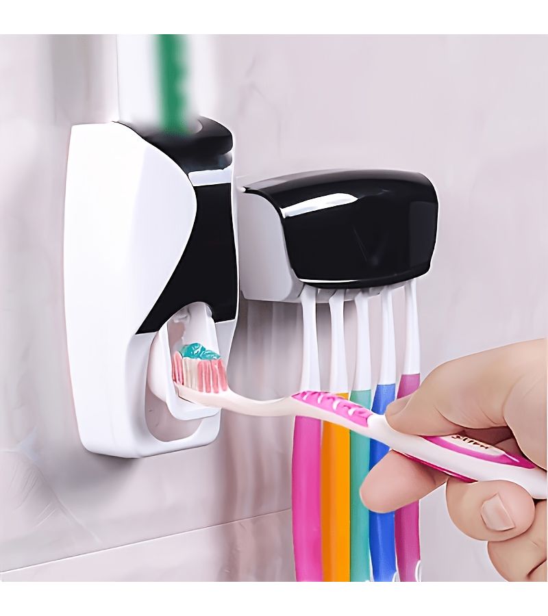 2pcs Black Punch Free Wall Mounted Automatic Toothpaste Dispenser And Toothbrush Holder Set With Storage Box For Bathroom Toiletries Organization - Image 3