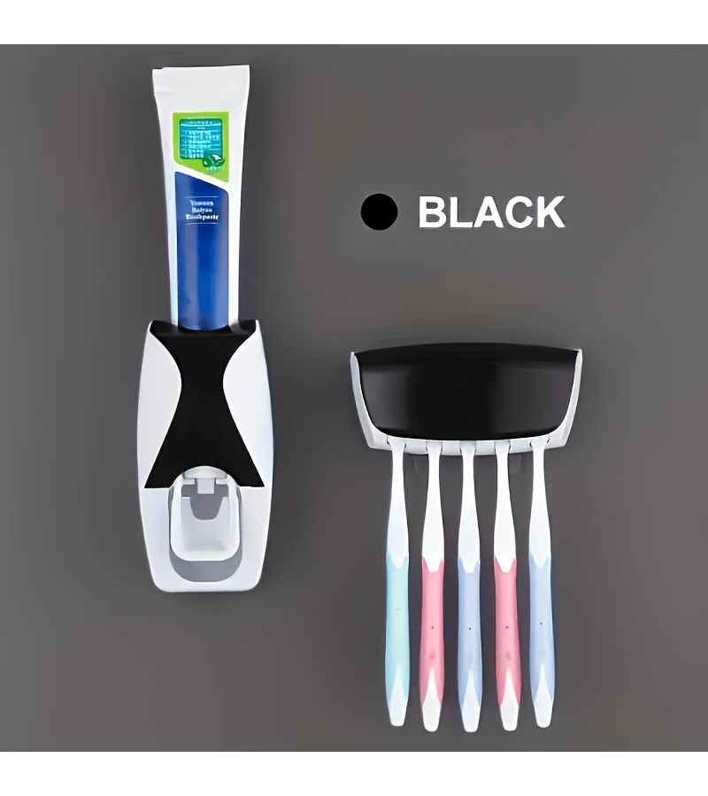 2pcs Black Punch Free Wall Mounted Automatic Toothpaste Dispenser And Toothbrush Holder Set With Storage Box For Bathroom Toiletries Organization - Image 1