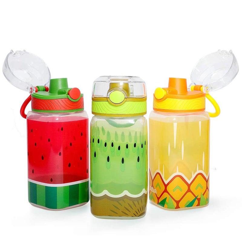 Home Tune 15oz Kids Water Drinking Bottle  BPA Free Wide Mouth Auto Flip Cap Chug Lid Easy Open Lightweight LeakProof Water Bottle with Cute Design For Girls  Boys  3 Pack Fruit