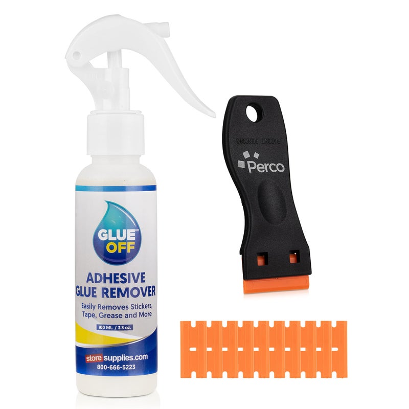 Perco Glue Off Adhesive Remover 3.3 fl. oz & Scraper with Plastic Razor for Removing Labels (Adhesive Remover & Scraper w/Plastic Razor) - Image 1