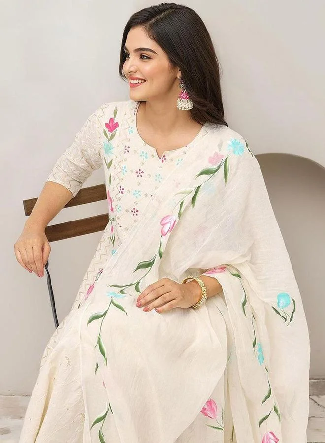 آي شين طقم كورتا وبنطال مع شال بلون أوف وايت بخامة القطن