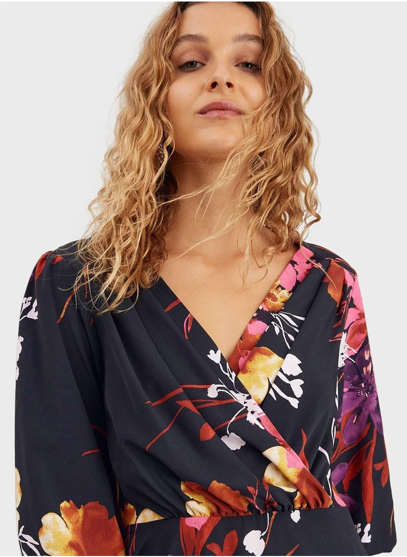 Wallis Ruched Cuff Floral Print Ruffle Hem Dress