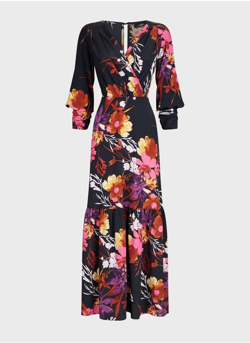 Wallis Ruched Cuff Floral Print Ruffle Hem Dress