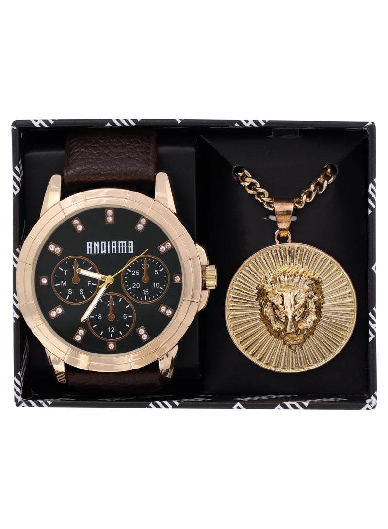 ANDIAMO Men's Analog Gold Case Black Dial Brown Strap Set Watch 