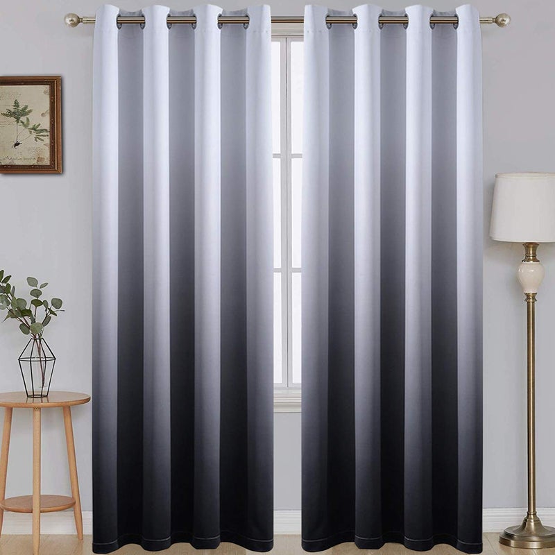 96 Inch Long Ombre Blackout Curtains Gradient White and Black Room Darkening Curtain Thermal Insulated Grommet Window Drapes for Living RoomBedroom Black 52W x 96L  2 Panels