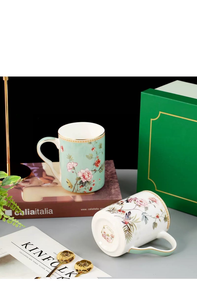 Floris 2pcs Tea Sets, With Tea Cups, a Blue Retro Floral Design Coffee Cup, a White Floral And Bird Design Water Cup, Porcelain Modern Water Cup For Office And Home, Matching Gift For Birthday, Engagement Valentines Day Girlfriend Wife. - Image 2