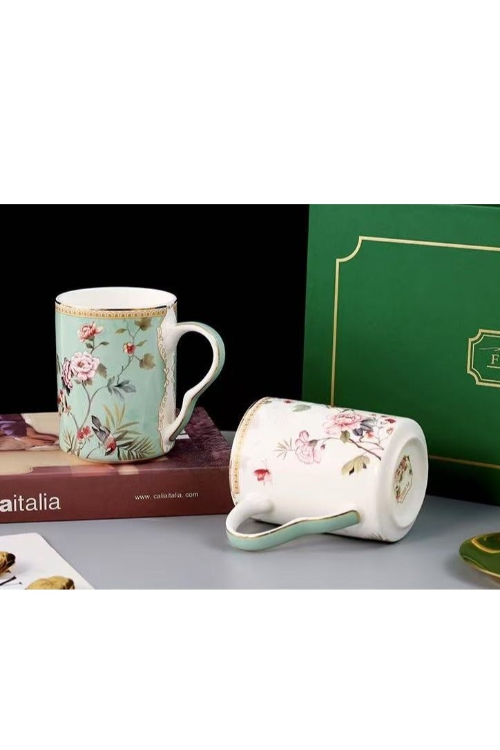 Floris 2pcs Tea Sets, With Tea Cups, a Blue Retro Floral Design Coffee Cup, a White Floral And Bird Design Water Cup, Porcelain Modern Water Cup For Office And Home, Matching Gift For Birthday, Engagement Valentines Day Girlfriend Wife. - Image 3