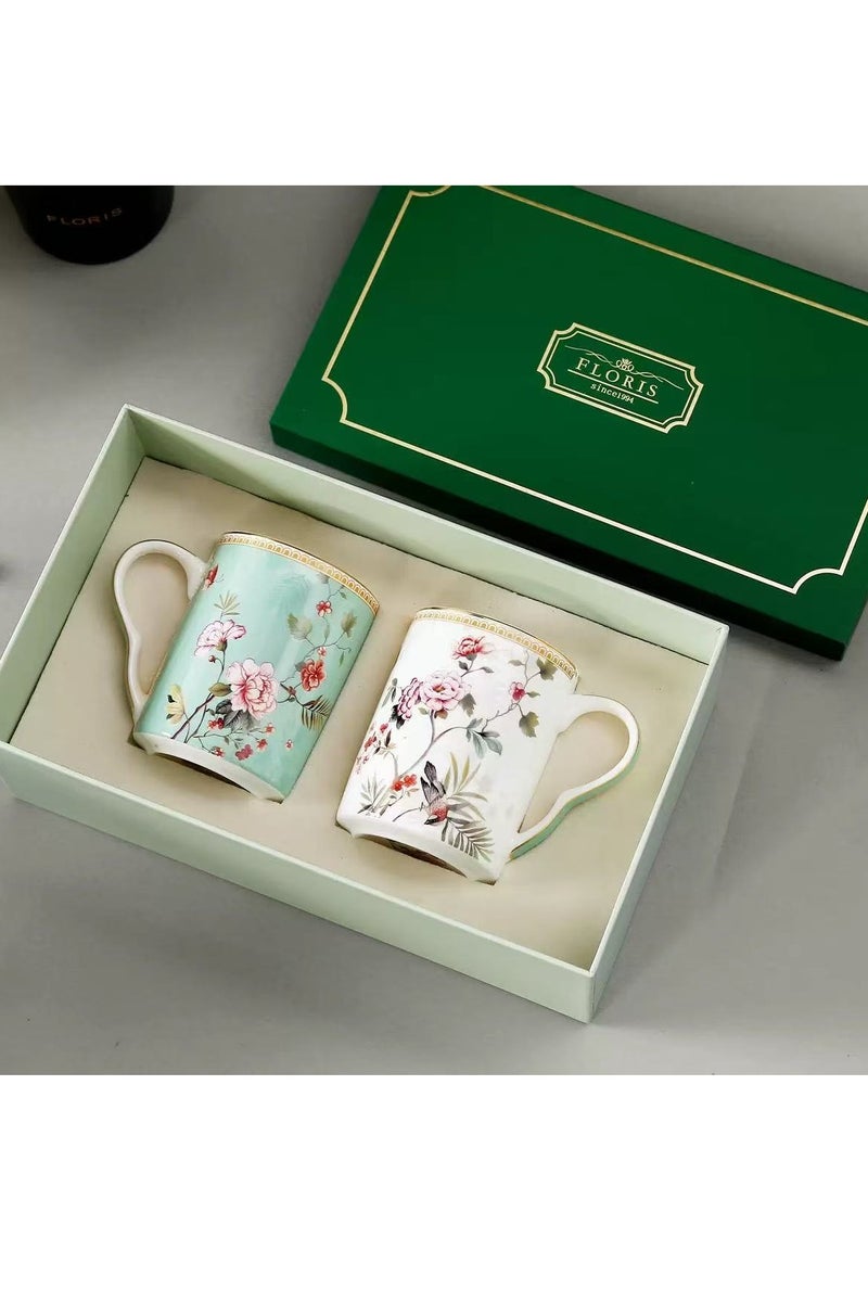 Floris 2pcs Tea Sets, With Tea Cups, a Blue Retro Floral Design Coffee Cup, a White Floral And Bird Design Water Cup, Porcelain Modern Water Cup For Office And Home, Matching Gift For Birthday, Engagement Valentines Day Girlfriend Wife. - Image 1