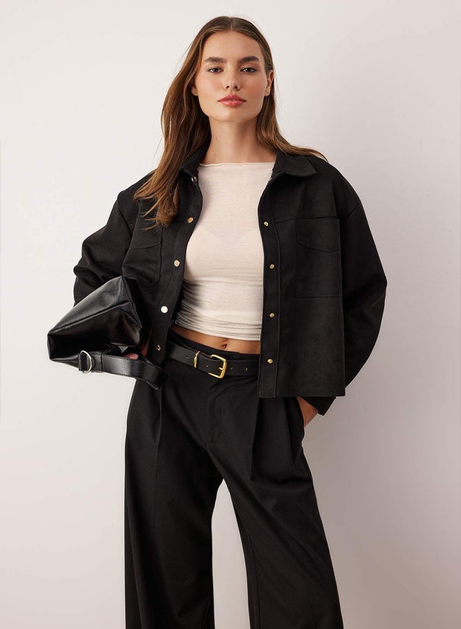 trendyol Black Gold Button Detailed Suede Shirt Jacket - Image 1
