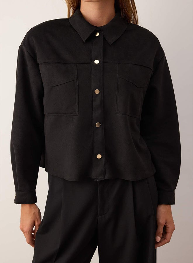 trendyol Black Gold Button Detailed Suede Shirt Jacket - Image 3