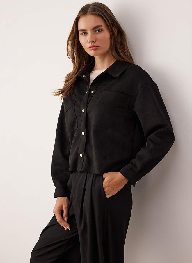 trendyol Black Gold Button Detailed Suede Shirt Jacket - Image 2