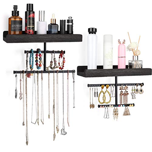 Keebofly Hanging Wall Mounted Jewelry Organizer with Rustic Wood Jewelry Holder Display for Necklaces Bracelet Earrings Ring Set of 2 Black,[Patented] - Image 1