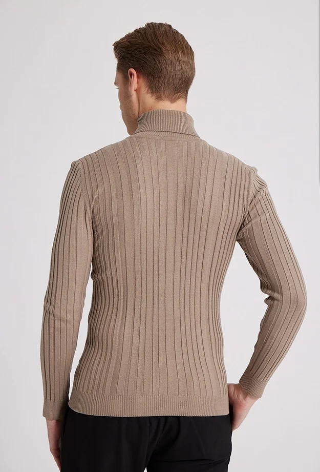 دي أس دامات Slim Fit Beige Corduroy Cotton Blend Turtleneck Knitwear Sweater 5HF06ORT63100