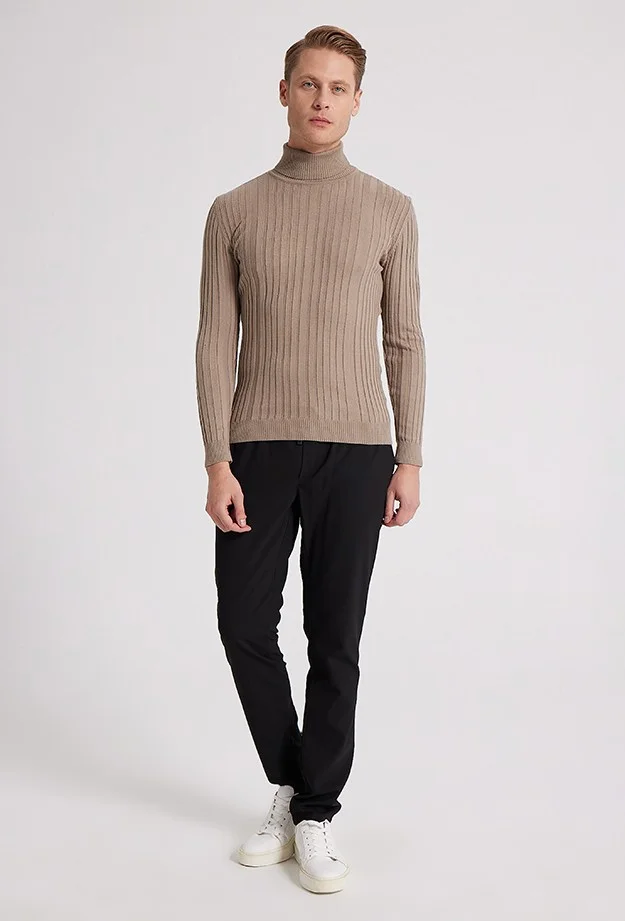 دي أس دامات Slim Fit Beige Corduroy Cotton Blend Turtleneck Knitwear Sweater 5HF06ORT63100