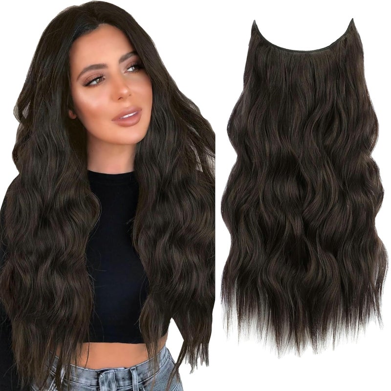 LECIPO Invisible Wire Hair Extensions Transparent Wire Adjustable Size 4 Secure Clips Long Wavy Curly Secret Hairpiece 24 Inch for Women