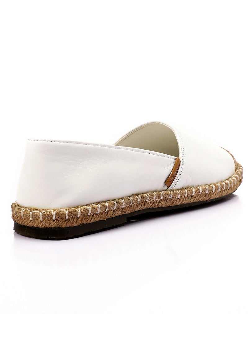 Mr.joe - Trendy Genuine Leather Espadrilles With Straw Round Toe - White - Image 1