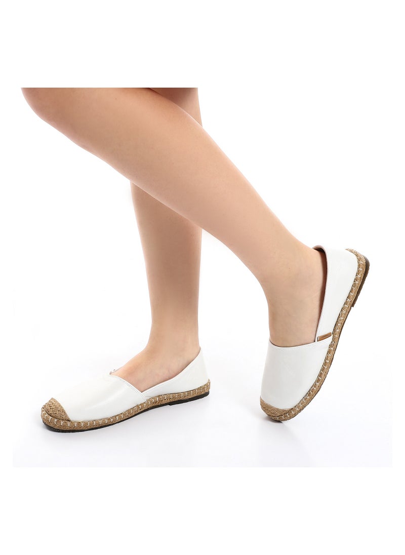 Mr.joe - Trendy Genuine Leather Espadrilles With Straw Round Toe - White - Image 1