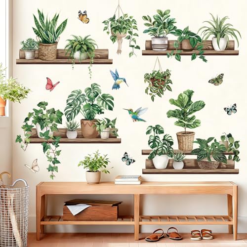 wondever Green Pot Plants Wall Stickers Leaves Potted Plant Butterfly Bird Peel and Stick Wall Art Decals for Living Room Bedroom Tv Background Wall Decor - Image 3