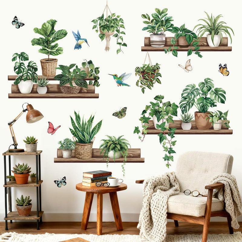 wondever Green Pot Plants Wall Stickers Leaves Potted Plant Butterfly Bird Peel and Stick Wall Art Decals for Living Room Bedroom Tv Background Wall Decor - Image 2