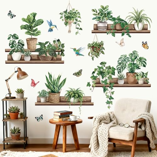 wondever Green Pot Plants Wall Stickers Leaves Potted Plant Butterfly Bird Peel and Stick Wall Art Decals for Living Room Bedroom Tv Background Wall Decor - Image 1