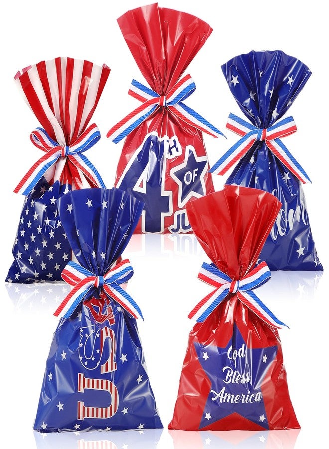 Tenare 100 Pack Christmas Treat Cellophane Bags 6 x 9 Inches Patriotic Goodie Bags Red White and Blue Candy with 40 Yards Ribbon for Christmas Independence Day Memorial Party Favor Supplies - Image 1