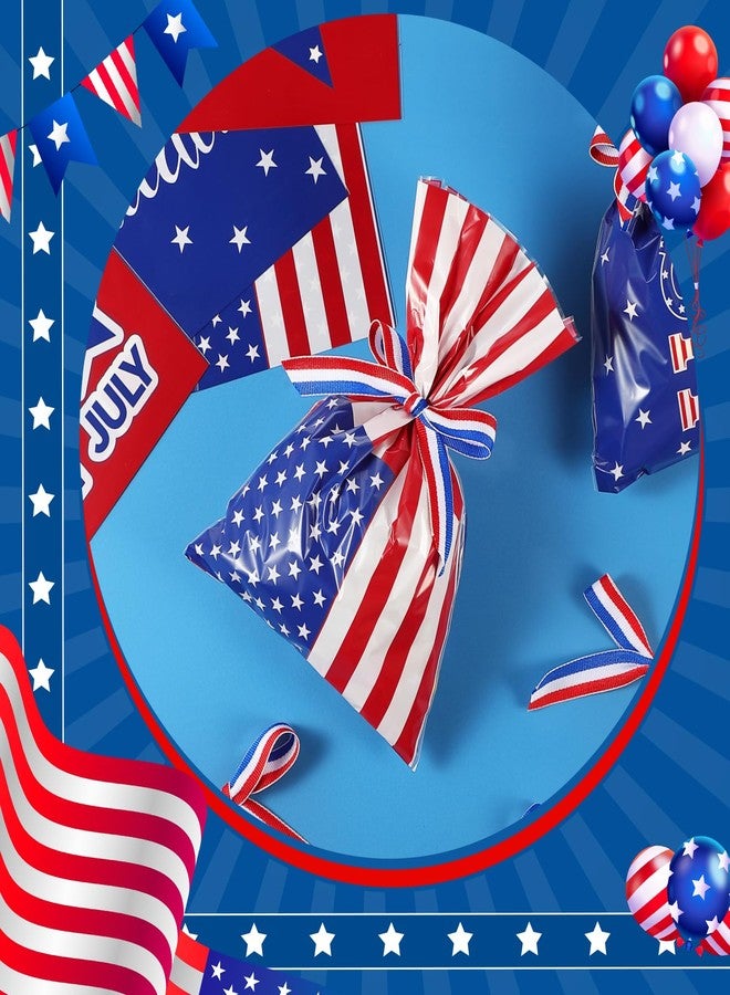 Tenare 100 Pack Christmas Treat Cellophane Bags 6 x 9 Inches Patriotic Goodie Bags Red White and Blue Candy with 40 Yards Ribbon for Christmas Independence Day Memorial Party Favor Supplies - Image 2