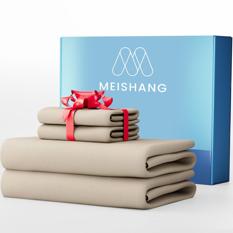 MEISHANG 1000 Thread Count Cotton Sheets Queen Size - 100% Egyptian Cotton, Sateen Weave, Soft & Breathable, Oeko-Tex Certified, 16" Deep Pockets - 4 Piece (Queen, Linen) - Image 1
