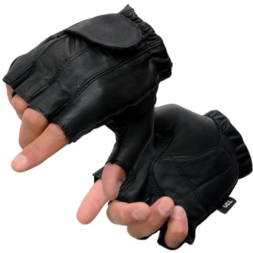 Milwaukee Leather قفازات موتوسيكل جلدية من ميلووكي SH442 للرجال، قفازات جلدية سوداء مع وسادة جل في راحة اليد بدون أصابع - صغيرة - Image 1