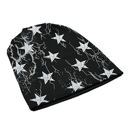iSWEVEN Men's Beanies Cotton Slouchy Skull Summer Blended Free Size Black Beanie Cap for Men Women Boys (7008A-White Star) - Image 3