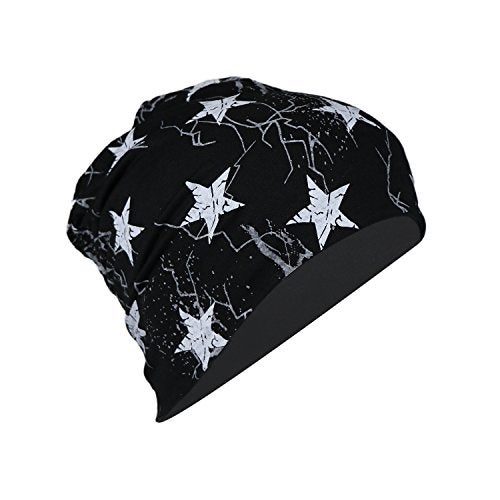 iSWEVEN Men's Beanies Cotton Slouchy Skull Summer Blended Free Size Black Beanie Cap for Men Women Boys (7008A-White Star) - Image 1