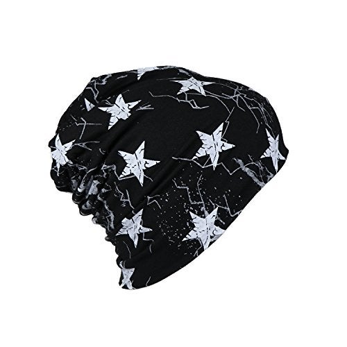 iSWEVEN Men's Beanies Cotton Slouchy Skull Summer Blended Free Size Black Beanie Cap for Men Women Boys (7008A-White Star) - Image 2