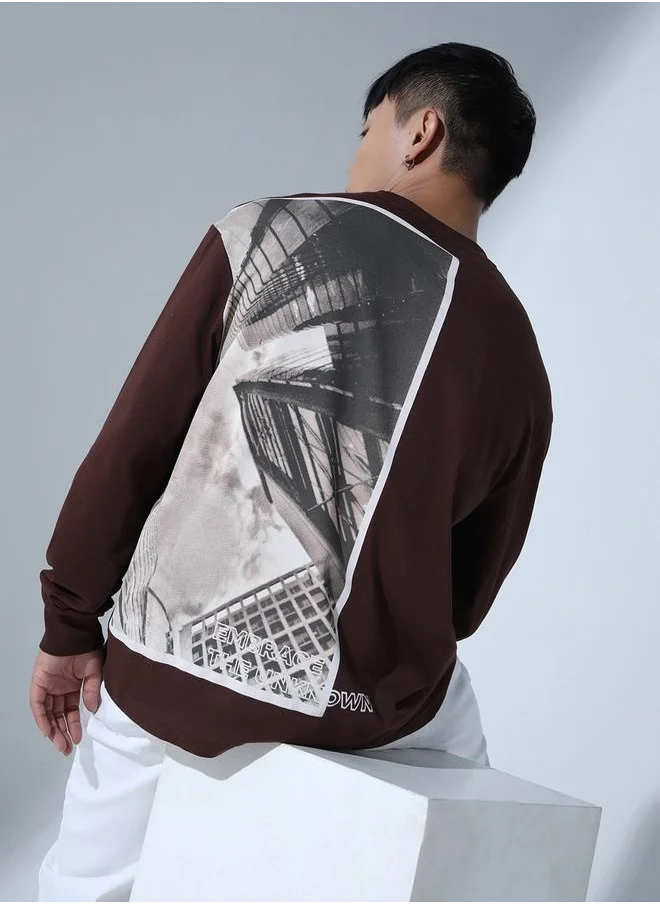 Hubberholme Brown Graphic Print Relaxed Fit T-shirt for Men, Everyday Casual