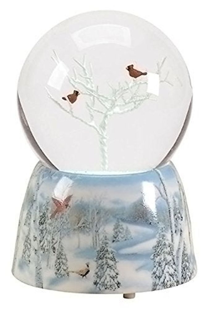 FROSTED WHITE WINTER CARDINALS MUSICAL 5 INCH RESIN DECORATIVE SNOW GLOBE