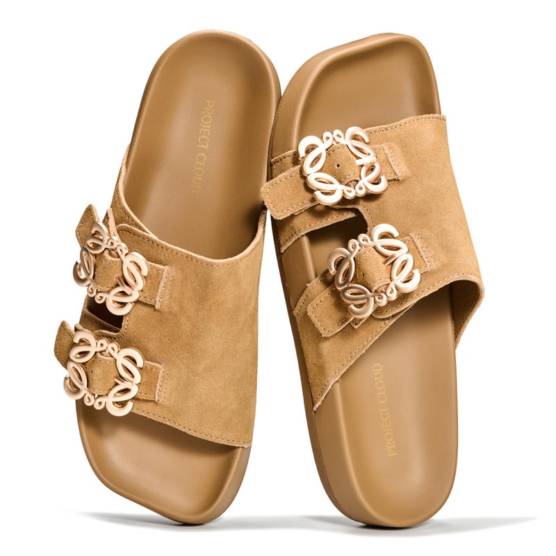 Project Cloud 100% Genuine Leather Womens Sandals Dressy - Lightweight & Non-Slip Women's Flats Sandals Women with Plush & Soft Insole Slides Sandals for Women 2026 (VELORA, CHSTNUTSDE,8.5M)