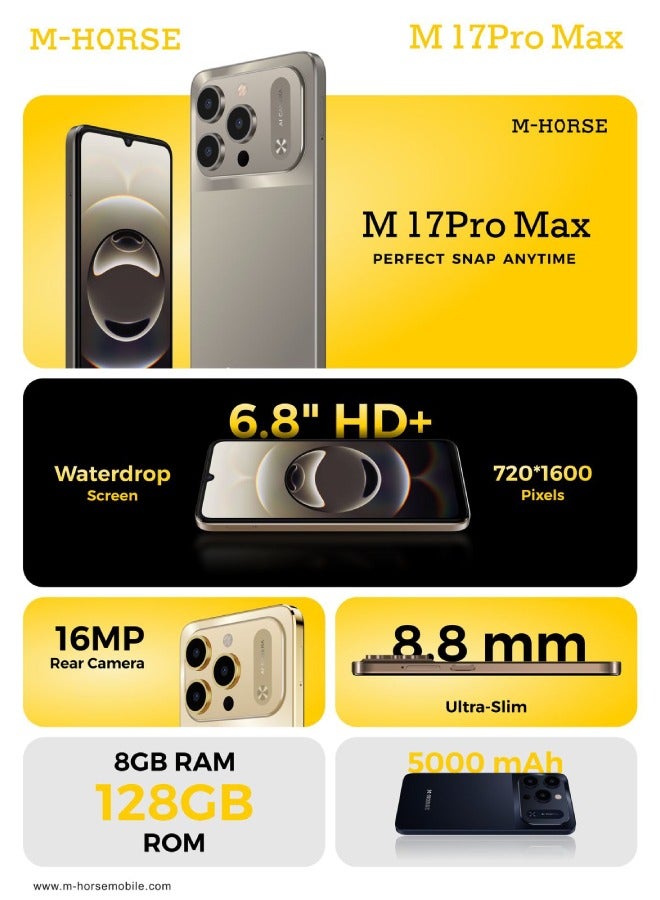 إم-هورس هاتف M-HORSE M17 Pro Max+ سعة 128 جيجابايت، رام 8 جيجابايت، شريحتين اتصال، 4G LTE، شاشة 6.8 بوصة AMOLED، أندرويد 14 – لون تيتانيوم - Image 3