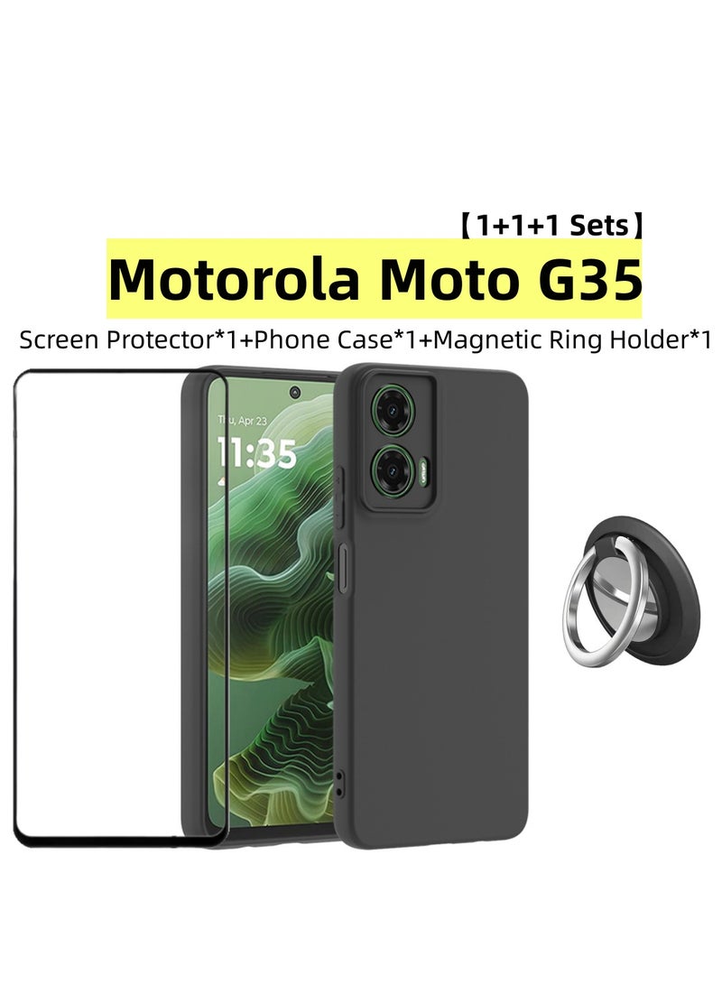 【1+1+1 مجموعات】غطاء لجهاز موتورولا موتو G35 وواقي شاشة وحامل حلقة مغناطيسي من مادة البودينغ المجمدة غلاف TPU مع واقي شاشة زجاجي مقسى، حامل حلقة مناسب لجذب مغناطيسي للسيارة - Image 1