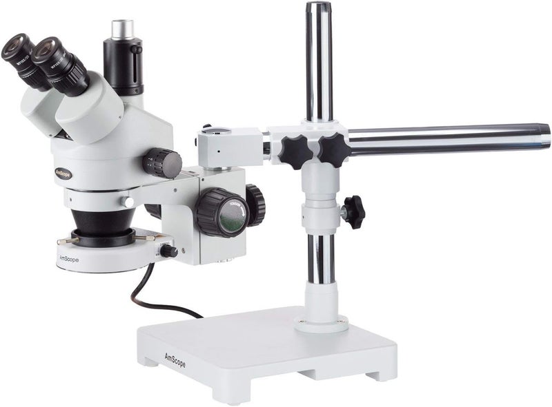 AmScope AmScope SM3TZ80S Professional Trinocular Stereo Zoom Microscope WH10x Eyepieces 35X90X Magnification 07X45X Zoom Objective 80Bulb LED Ring Light SingleArm Boom Stand 90V265V Includes 05X and 20X Barlow Lenses  - Image 1