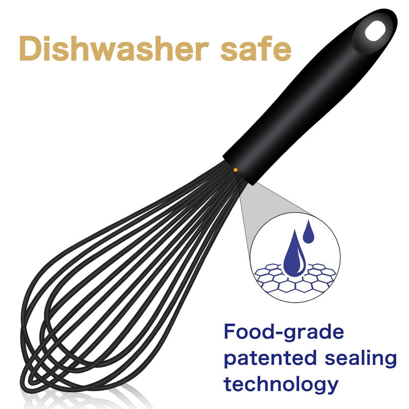 OYV Dishwasher Safe Silicone Whisk, Sealed Waterproof Design Set of 3, Professional Kitchen Whisks for Cooking Non-Scratch, Silicone & Stainless Steel Whisk, Heat Resistant Balloon Egg Beater, Black - Image 2