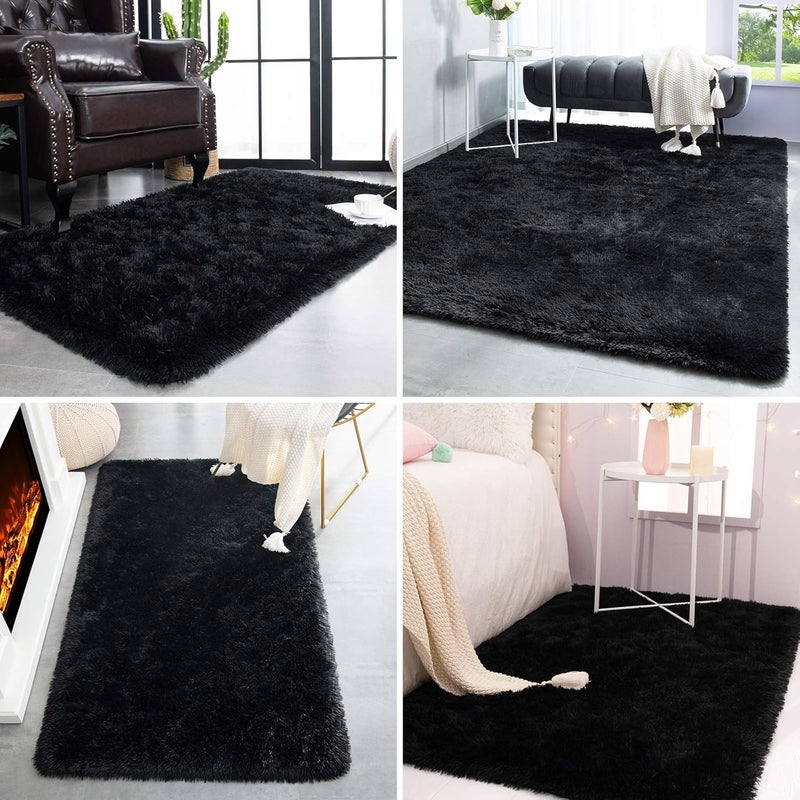 TWINNIS سجاد تونيس فائق النعومة ذو الوبر الطويل، سجاد منفوش مقاس 5×8 قدم، سجاد داخلي حديث فاخر لغرفة المعيشة وغرفة النوم وغرفة الأطفال والحضانة وديكور المنزل، سجاد ناعم مستطيل مضاد للانزلاق مطوّر، أسود - Image 5