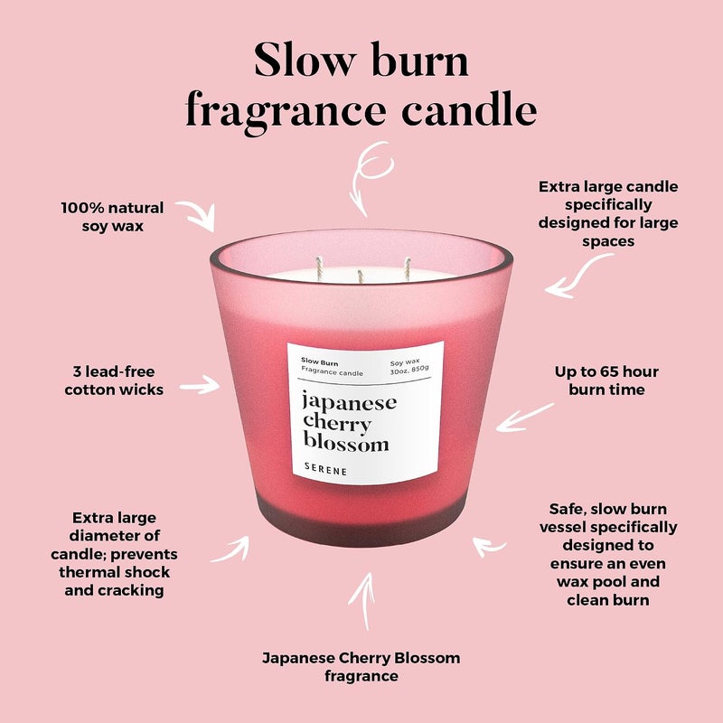 Hidden Label شمعة معطرة كبيرة ماركة هيدن لابيل، أزهار الكرز اليابانية، 30 أونصة بشموع ثلاثية ضخمة، مجموعة سيرين لشموع الصويا الطبيعية ذات الاحتراق البطيء لتعطير المنزل - Image 4