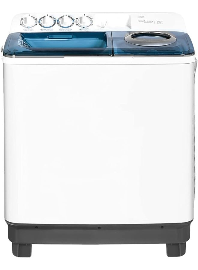 Super General 8KG Twin Tub Washing Machine, 5KG Spin Capacity, Pulsator Wash, Transparent Lid, Magic Lint Filter, High Back Control Panel, White, SGW85N SGW85N white
